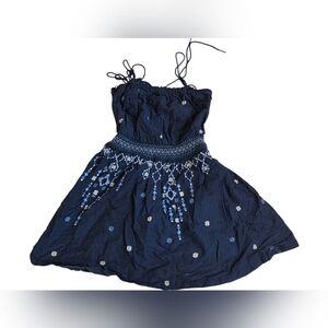 Abercrombie & Fitch Navy Mini Embroidered Sundress Ruched Waist Tie Top Sz XXSP